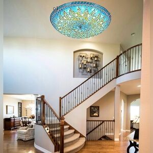 (NEW)Large Tiffany Style Blue Mosaic Art Glass Light Fixture 16” Flush-mount